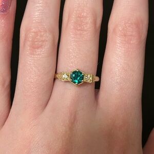 14k Yellow Solid Gold Lab Emerald Ring with Side Diamonds